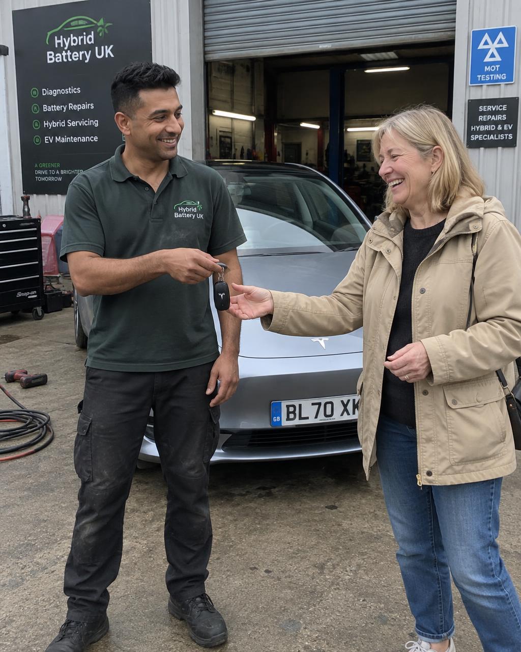 Specialist handing car keys to a customer beside an electric car