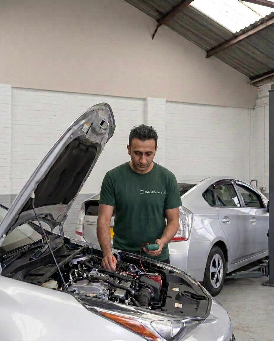 Specialist testing a Toyota Prius hybrid battery in the workshop